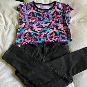 EUC Faded Glory Black Girls Jeans. Size 8. Butterfly T size 10/12